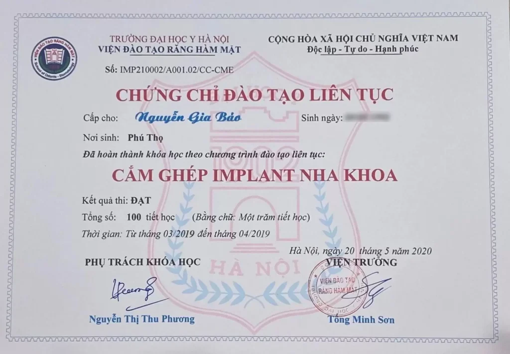 Dental Implant Certificate