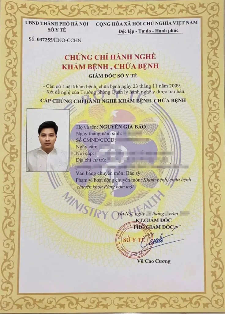Dr. Nguyen Gia Bao's medical license was issued by the Ministry of Health in Vietnam.