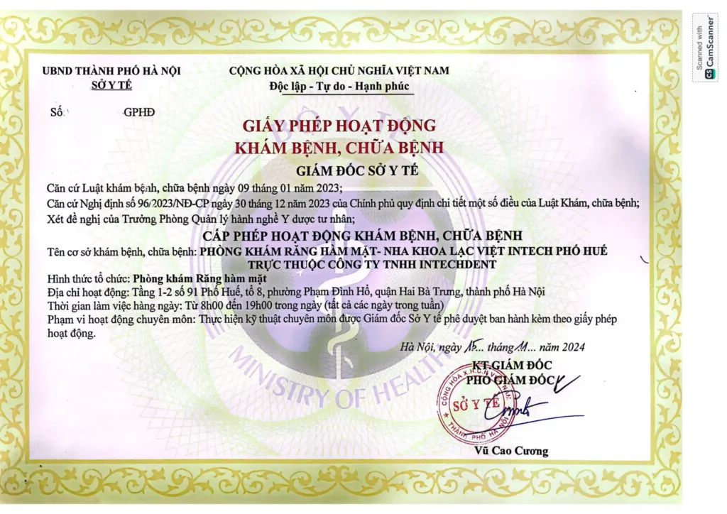 Operating license of Lac Viet Intech Dental Clinic branch in Pho Hue, belonging to Lac Viet Intech Dental Group.